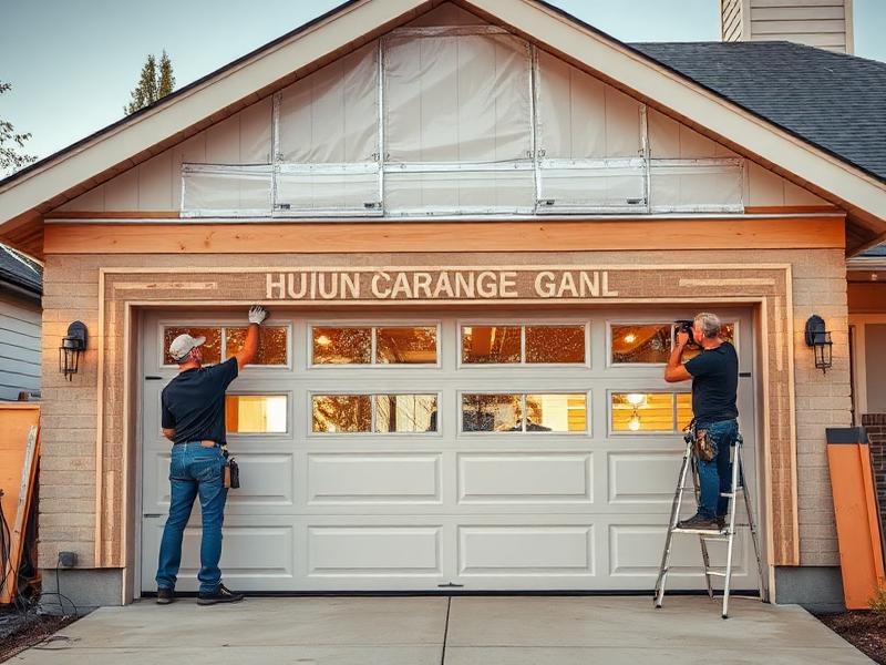 Professional crew installing new garage door on modern home