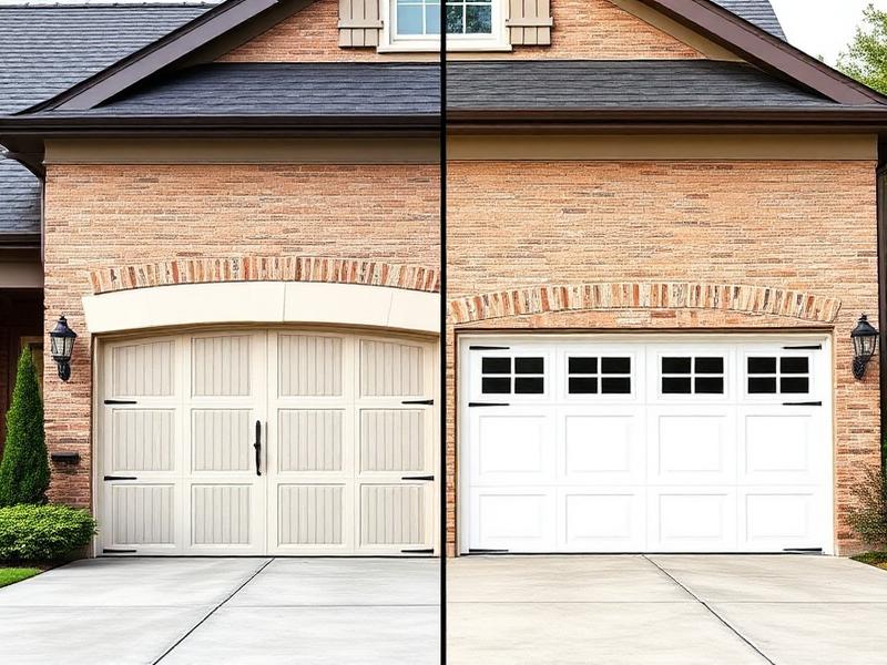 Split comparison showing premium carriage house door versus standard panel door