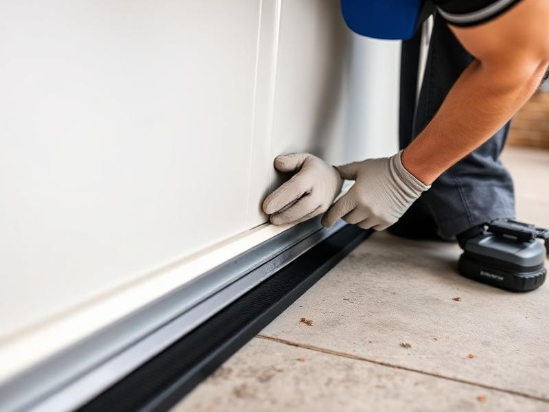 Professional technician installing garage door weatherstripping seal