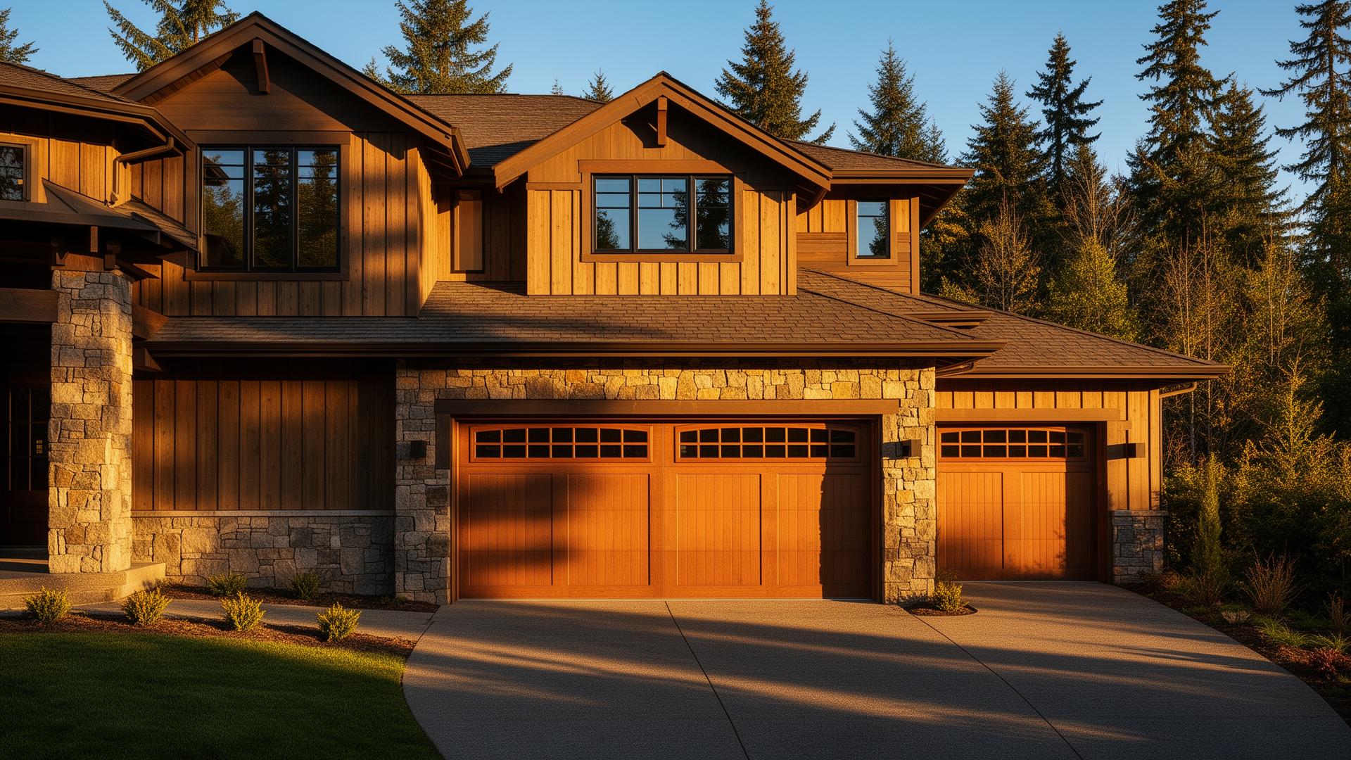 Premium Tuscan inspired garage doors with stone surround on Pacific Northwest luxury home